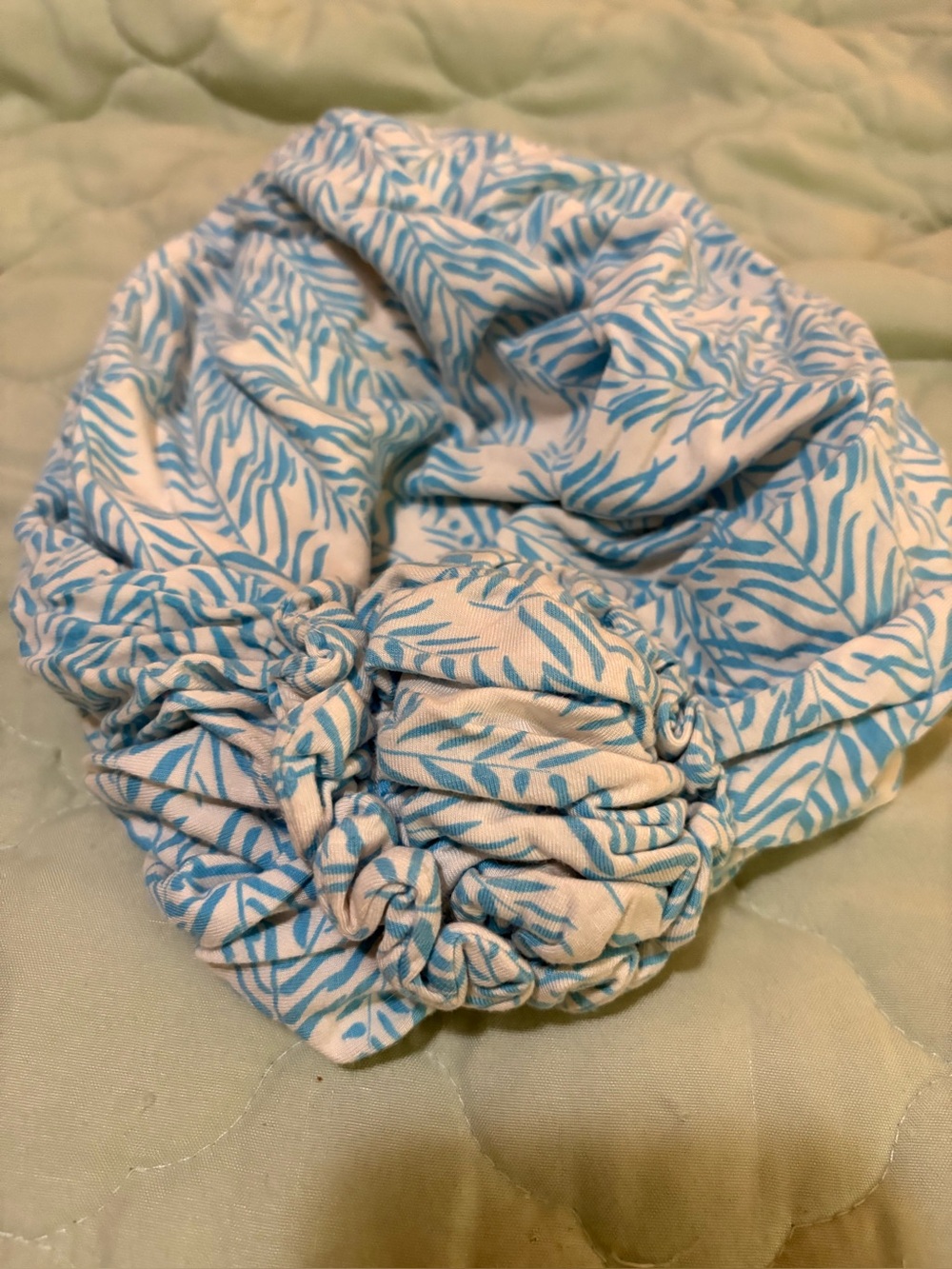 Blue and White Leaf Print Scrunchie Headwrap great for chemo patients